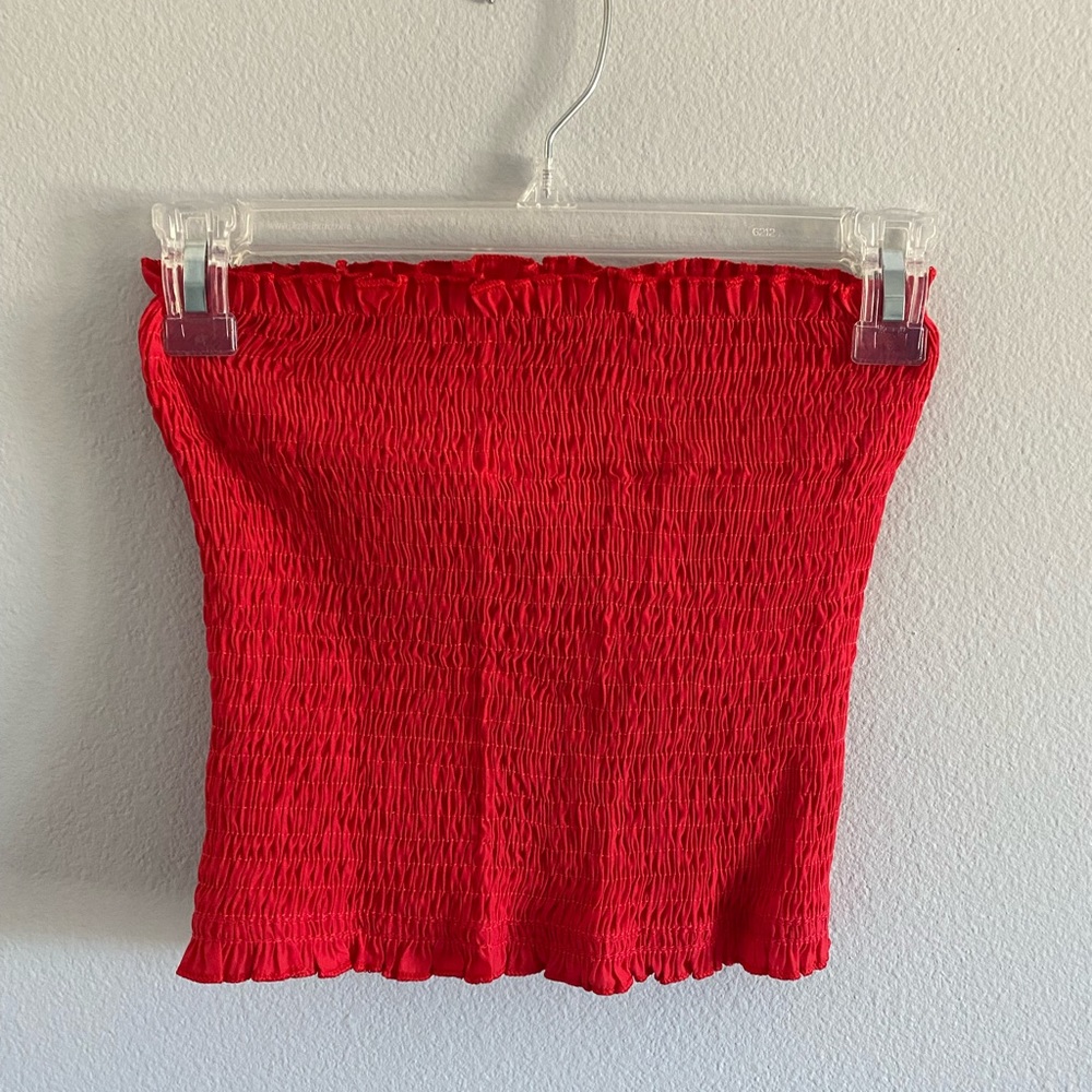 Women’s Strapless Ruched Red Smocked Bandeau Crop Top